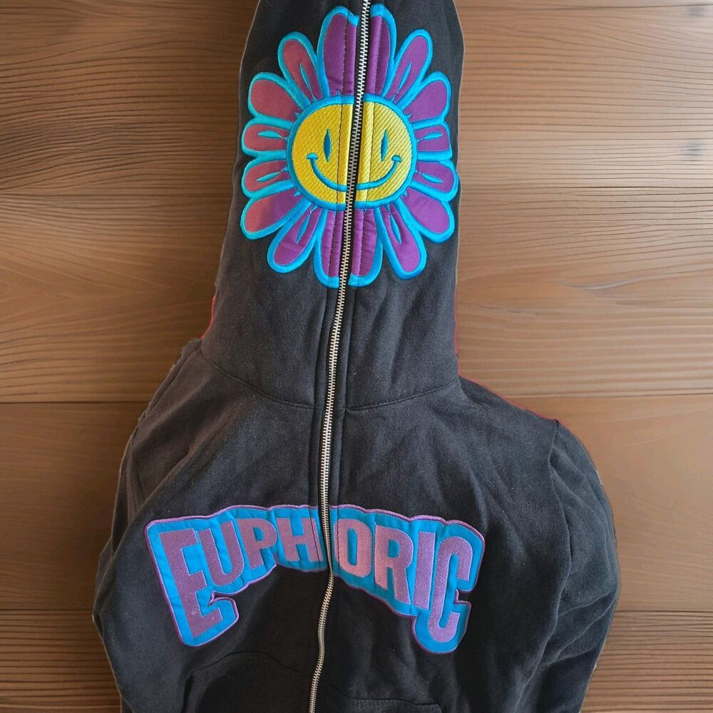 Euphoric 777 Full Zip Hoodie Black XS Embroidered Flower Smiley Face Y2K NWT
